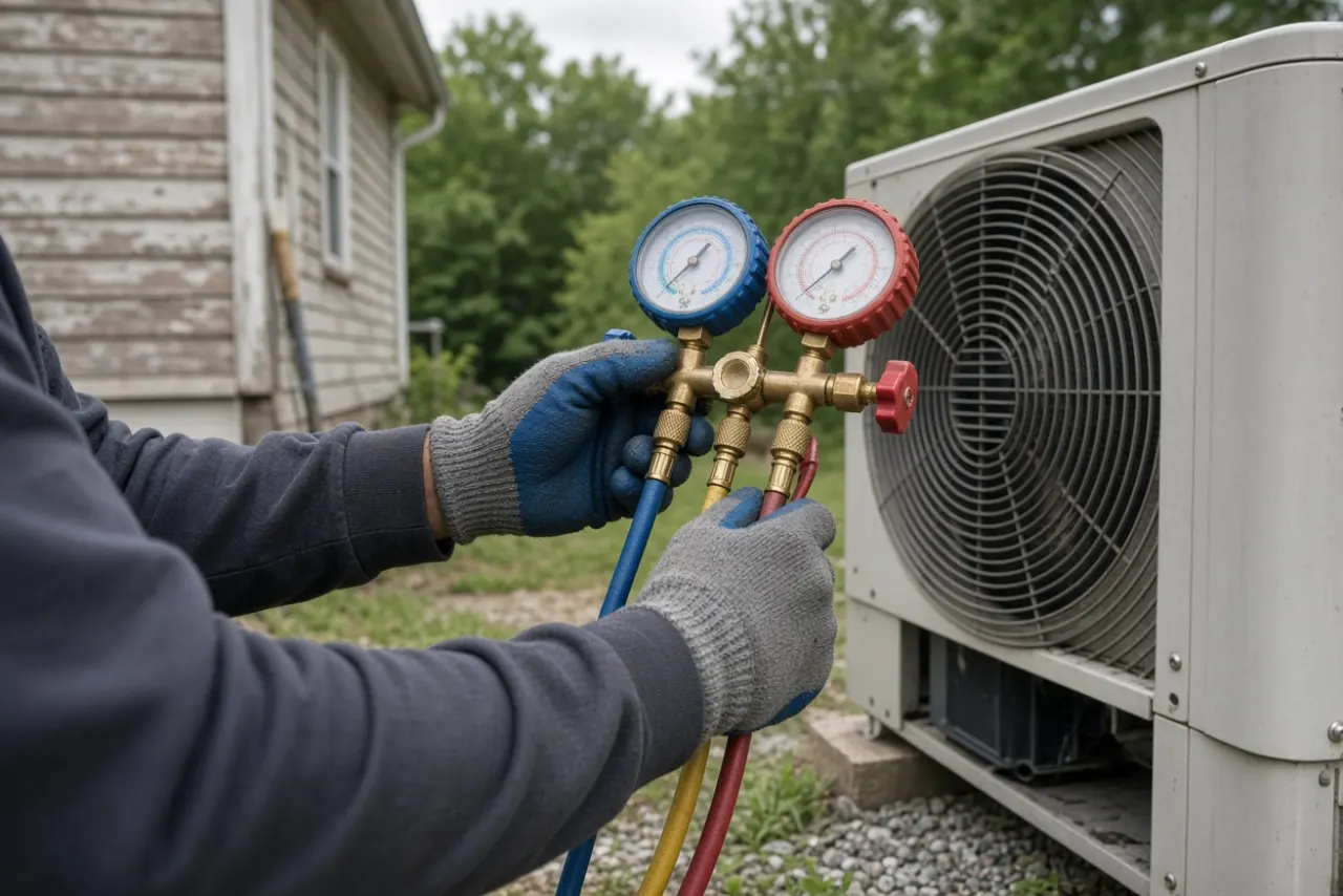 HVAC manifold gauges connected to an outdoor air conditioning condenser at a home