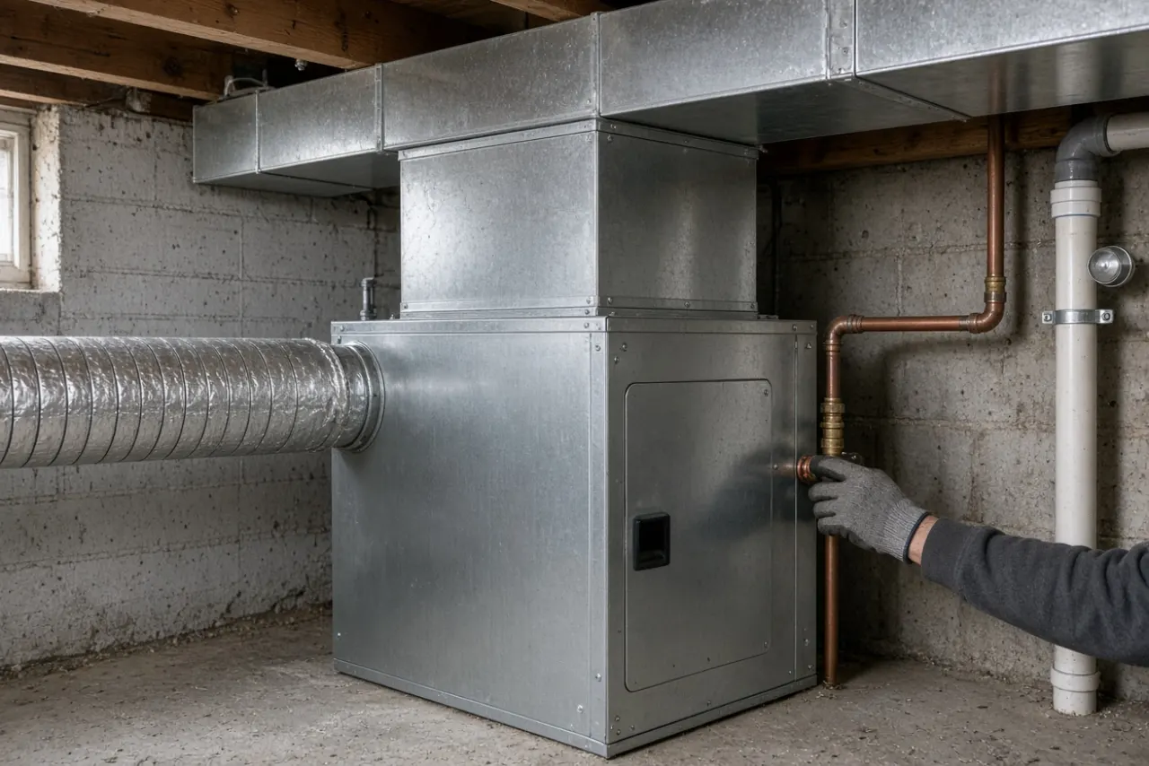 Newly installed gas furnace with sheet-metal plenum and trunk duct in a basement